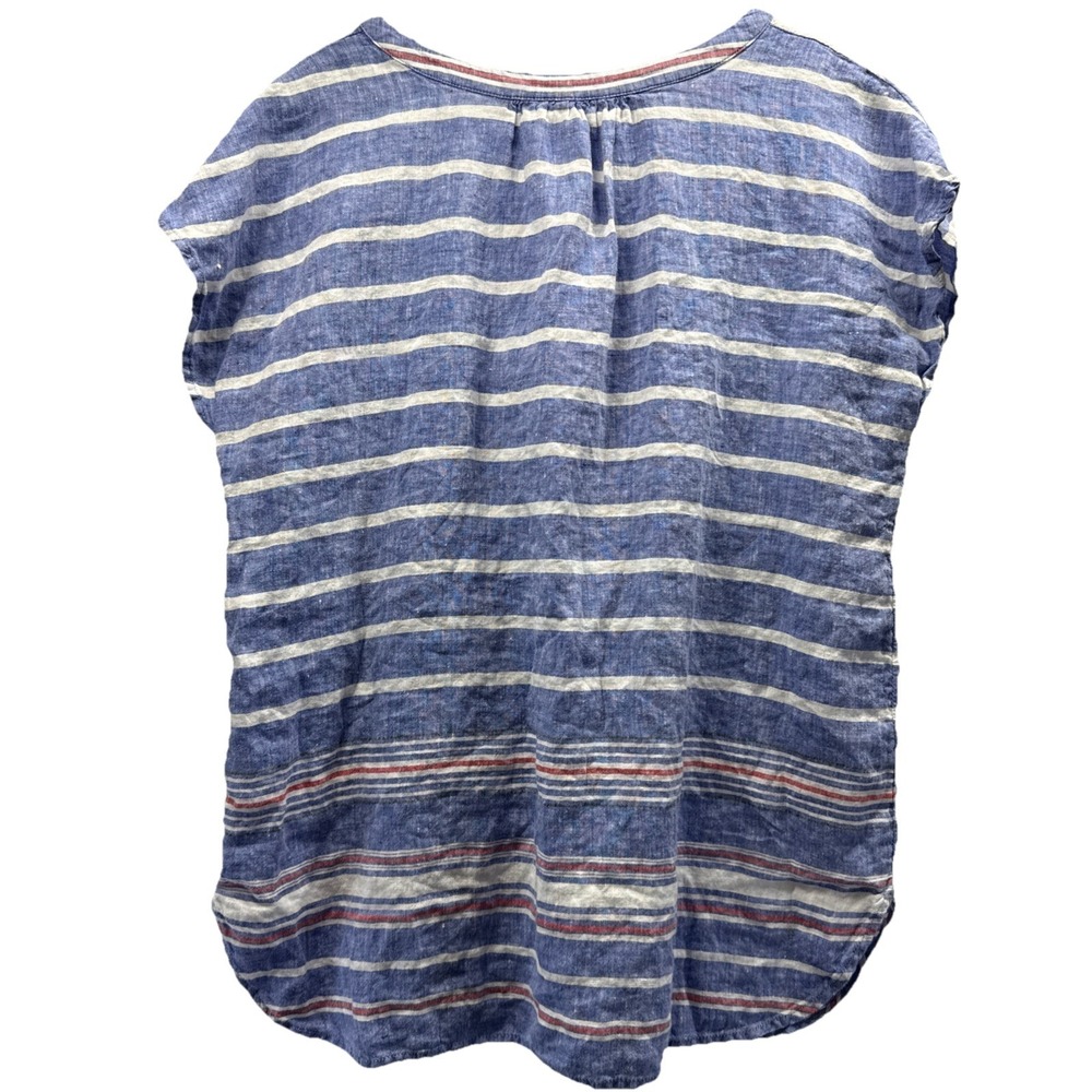 Talbots Womens Linen Top Sz M Blue White Stripe Cap Sleeve Pullover V Neck Beach - Picture 3 of 7